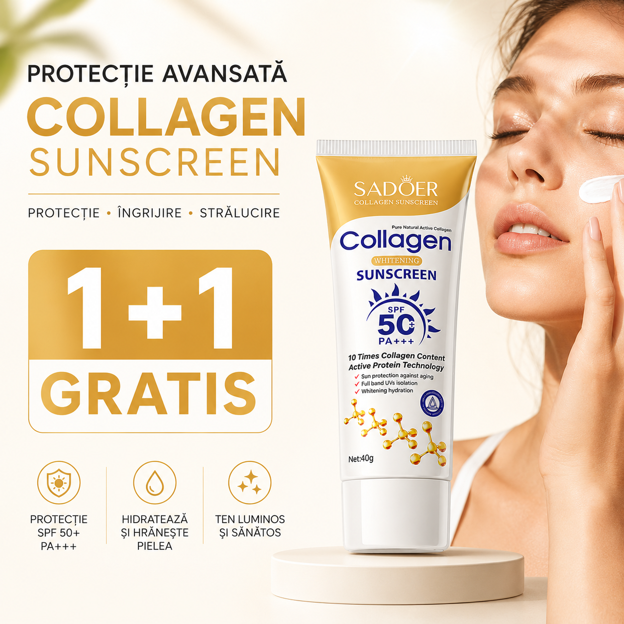 SPF 50+ Cremă de protecție solară cu colagen 1+1 GRATIS