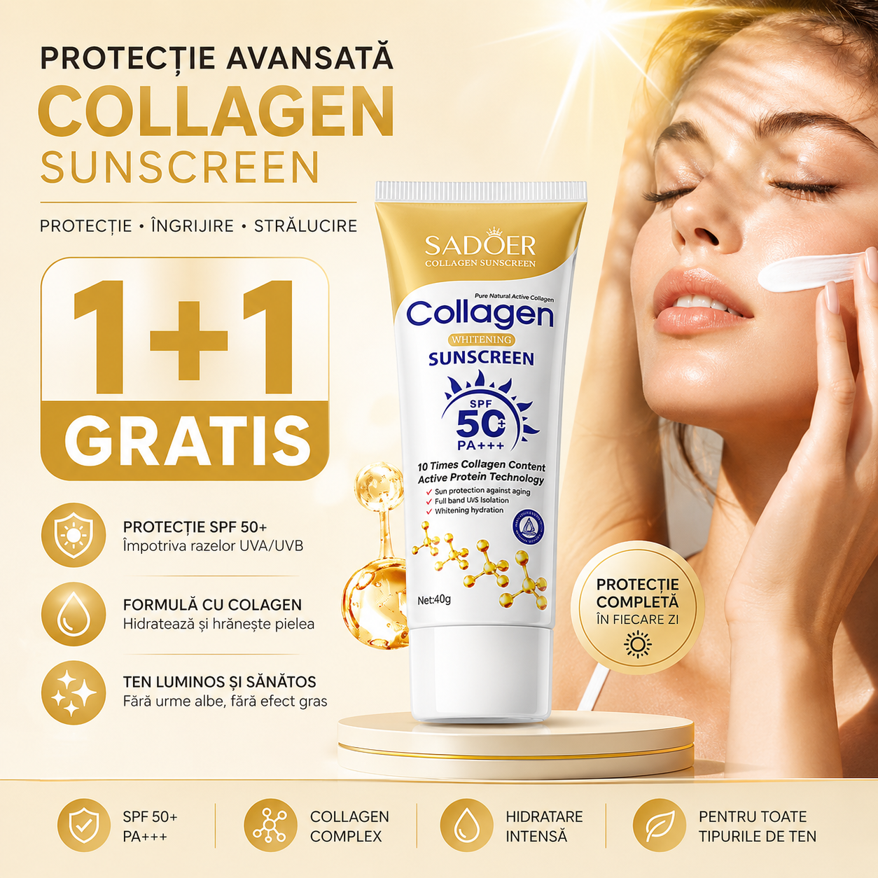 SPF 50+ Cremă de protecție solară cu colagen 1+1 GRATIS